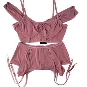 Forplay Mauve Mesh Embellished Bralette & Garter Set XL